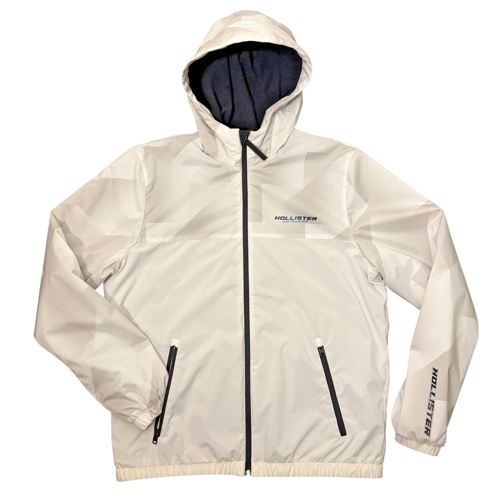 Hollister Epic Flex Jacket Mens Large White Gray Hooded Full Zip‎ Windbreaker